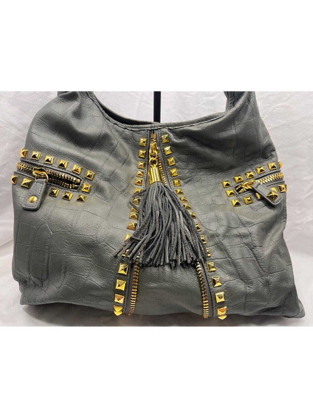 Betsey Johnson Gray Leather Studded Hobo Bag Gold Hardware Tassel Y2K